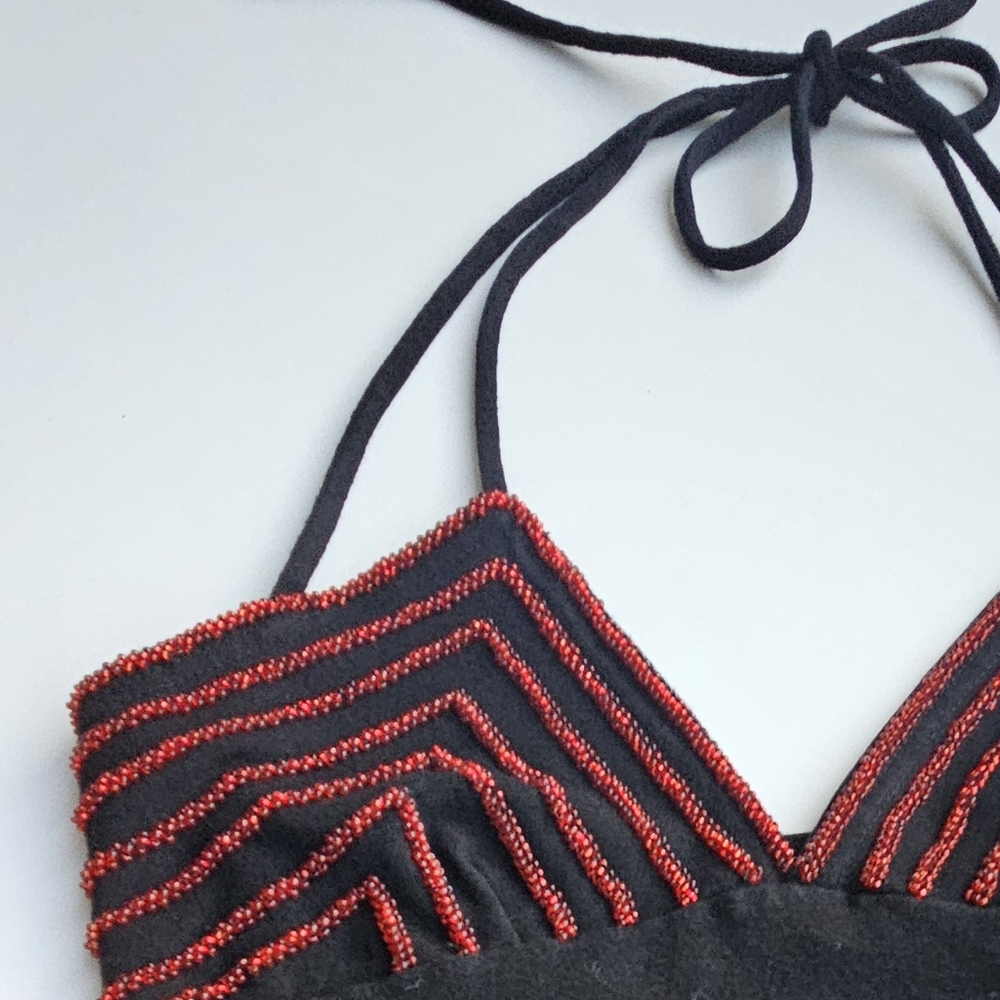 Hunza G Vintage Black With Crimson Beading Double Halter Strap Mini Dress - Picture 10 of 15